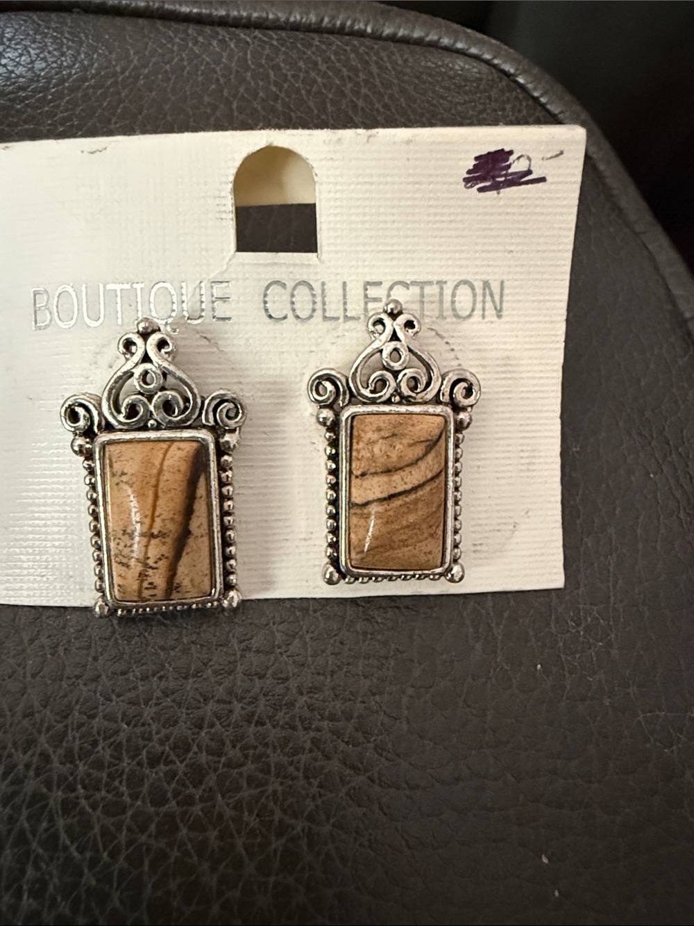 Beaded Frame Brown Stone Drop Earrings